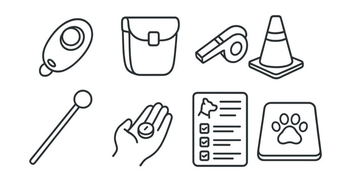 Line style icons of pet care: training clicker, treat pouch, whistle, agility cone, target stick, reward hand, command chart, training mat.