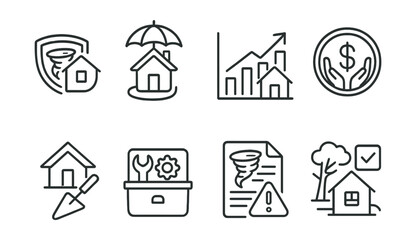 Line style icons of extreme weather: disaster insurance icon, home protection plan, damage assessment chart, recovery fund badge, rebuilding support symbol, climate resilience toolkit, risk analysis