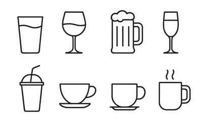 Line style icons of drinks: water glass, wine glass, beer mug, cocktail glass, champagne flute, soda cup, tea cup, coffee mug.