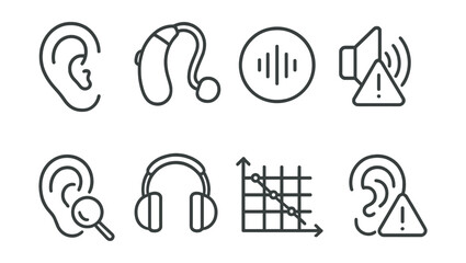 Line style icons of hearing health: ear icon, hearing aid, sound wave badge, volume limit warning, ear check exam, noise protection headset, audiogram chart, tinnitus alert.