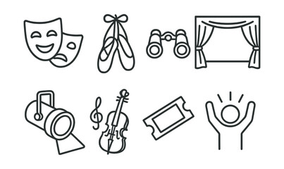 Line style icons of performing arts: theater mask, ballet shoes, opera glasses, stage curtain, spotlight icon, musical instrument, ticket stub, standing ovation.