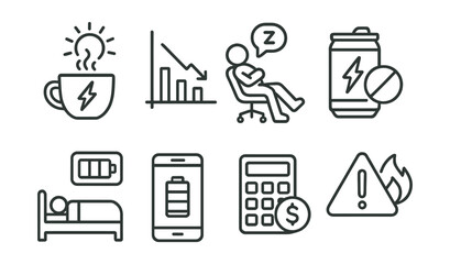 Line style icons of energy management: morning energy boost, midday slump chart, afternoon break, energy drink limit, rest and recharge icon, body battery tracker, energy budgeting, burnout alert.