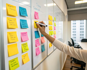 Colorful sticky notes on whiteboard, hand holding marker, office meeting room, workflow mapping, brainstorming session
