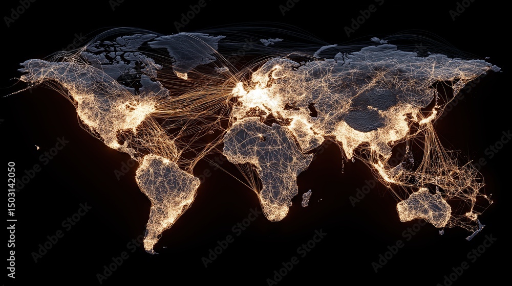 Poster glowing world map showing global digital network connections