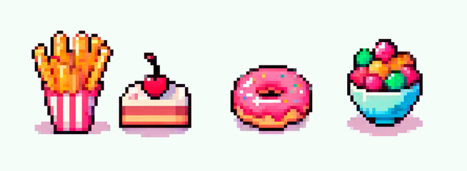 Bright pixel art vector illustration in trendy kawaii Y2K style, showcasing colorful fast food and sweets like fries, cake, donut, and ice cream on a light background, reflecting pixel art revival.
