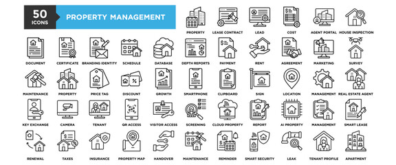 50 Property Management System icon set. Containing design property, system, management, business, concept, technology	