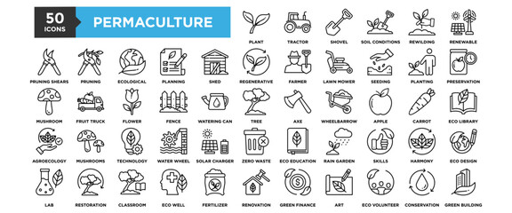 50 Permaculture icon set. Containing design organic, nature, permaculture, agriculture, garden, plant, green	