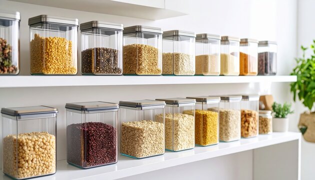  Pantry Perfection: An array of transparent food containers neatly arranged on pristine shelves, showcasing a diverse assortment of culinary essentials.