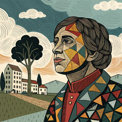 Urban illustration of a cubic-shaped man , a colorful street art vector drawing of a man in the city