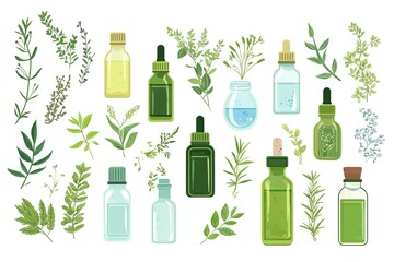 Various botanical elements, including leaves and branches, are arranged around bottles on a transparent background