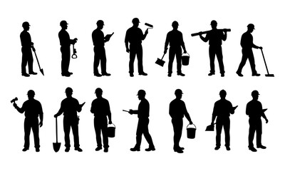 Silhouettes of Construction Workers Performing Various Tasks with Tools and Equipment on White Background