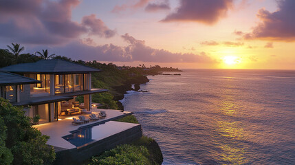 Fototapeta premium Luxurious oceanfront villa at sunset with stunning views and serene atmosphere