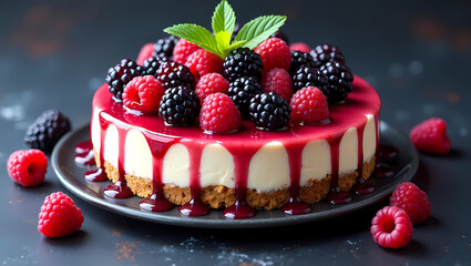Delicious Berry Cheesecake with Raspberry Drizzle and Fresh Mint.