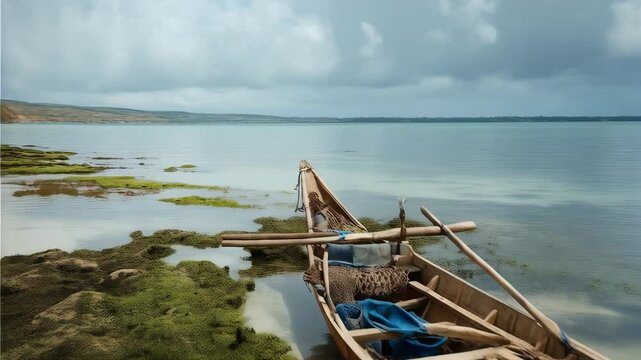 Wooden outrigger canoe resting on a sandy beach near blue tranquil water and an overcast sky.