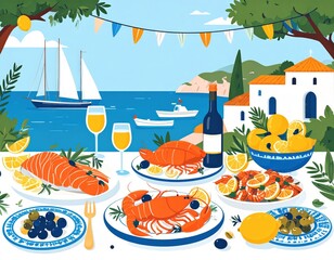 Coastal Feast Lobster Lemons and Sailboats in a Mediterranean Setting