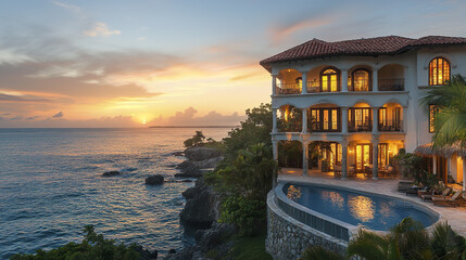 Fototapeta premium Luxurious oceanfront villa with stunning sunset views and serene pool area