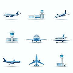  Clean vector illustrations of airplanes and airport control towers in blue tones, ideal for travel, aviation, and airport concepts.