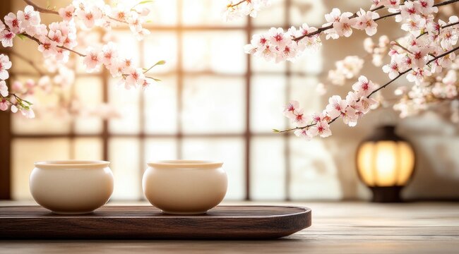 Cherry blossoms, teacups, serene, zen