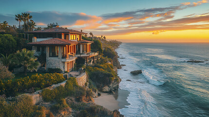 Fototapeta premium Luxurious oceanfront property with stunning sunset views and coastal landscape