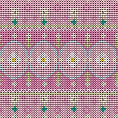 Seamless Knitted Floral Pattern with Pink Tulips and Hearts in Pastel Colors Cute Nordic Style for Fabric, Digital Paper, and Craft Design