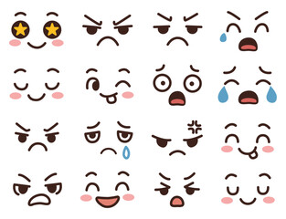 Cute face expression vector set with various cartoon emoji emotions, perfect for stickers, chats, comics, and character design