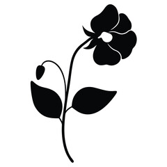 Elegant black silhouette of a single flower with leaves