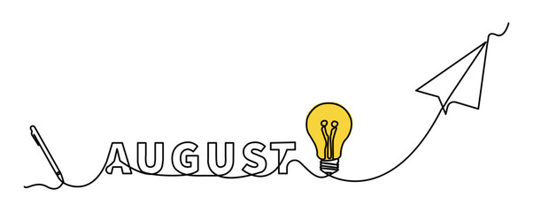 Minimalist single line illustration featuring the word August with creative symbols such as idea bulbs, digital pens, and paper airplanes, connected in one continuous line.