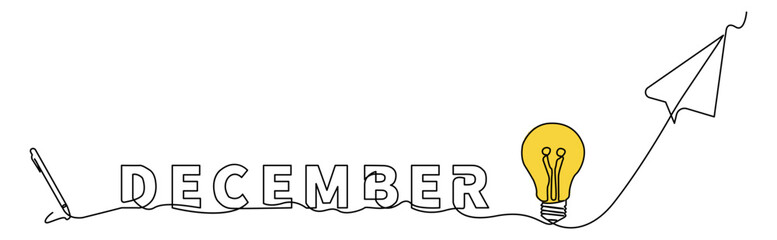 Minimalist single line illustration featuring the word December with creative symbols such as idea bulbs, digital pens, and paper airplanes, connected in one continuous line.