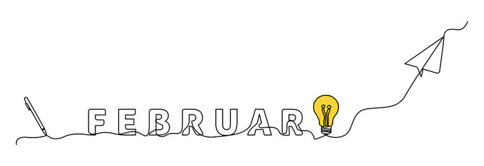 Minimalist single line illustration featuring the word February with creative symbols such as idea bulbs, digital pens, and paper airplanes, connected in one continuous line.