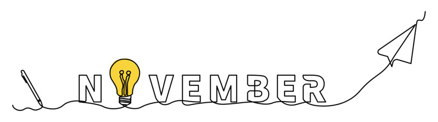 Minimalist single line illustration featuring the word November with creative symbols such as idea bulbs, digital pens, and paper airplanes, connected in one continuous line.