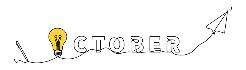 Minimalist single line illustration featuring the word October with creative symbols such as idea bulbs, digital pens, and paper airplanes, connected in one continuous line.
