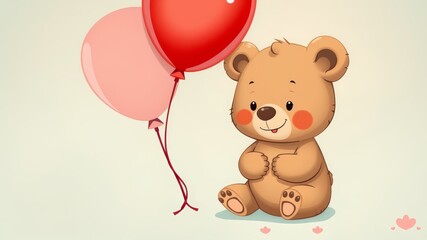 Adorable cartoon teddy bear sitting with pink and red balloons perfect for Valentine's Day cards or children's illustrations.
