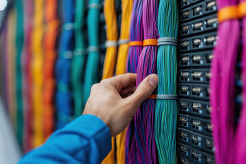 Hand organizing colorful network cables in server room vibrant wires technology maintenance data center professional focus order calm
