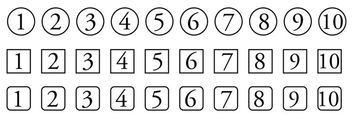 Set of 1 to 10 numbers simple design isolated. typography set of rounds 1 to 10 numbers. bullet point number icons collection. numeral typographic line and flat icons set. vector illustration EPS 20 .
