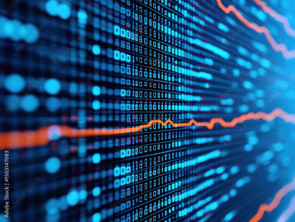 Poster luminous trend lines over binary digital background, glowing data visualization, futuristic technolo