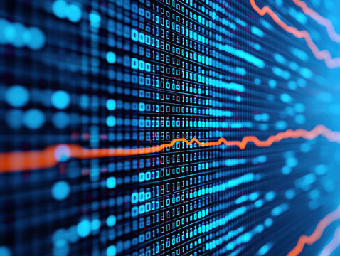 Luminous trend lines over binary digital background, glowing data visualization, futuristic technology, abstract, blue, orange, dynamic