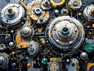 Fototapeta premium Complex machinery with gears and wires in a steampunk style design