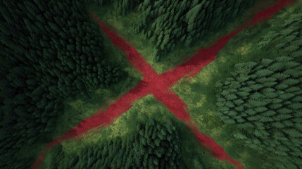 Aerial View of Lush Green Forest with Red Pathway Creating a Cross Shape