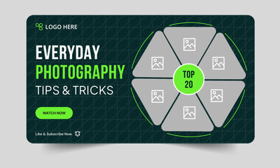 Trendy photography daily tips and tricks video thumbnail banner design, daily photography learning tips and techniques video cover banner design, editable vector eps 10 file format