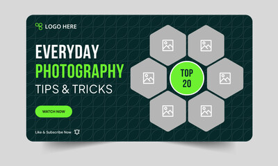 Trendy photography daily tips and tricks video thumbnail banner design, daily photography learning tips and techniques video cover banner design, editable vector eps 10 file format