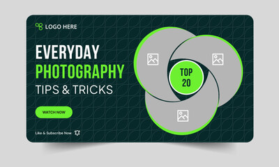 Trendy photography daily tips and tricks video thumbnail banner design, daily photography learning tips and techniques video cover banner design, editable vector eps 10 file format