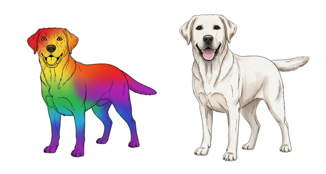Colorful rainbow labrador retriever and classic yellow lab illustration