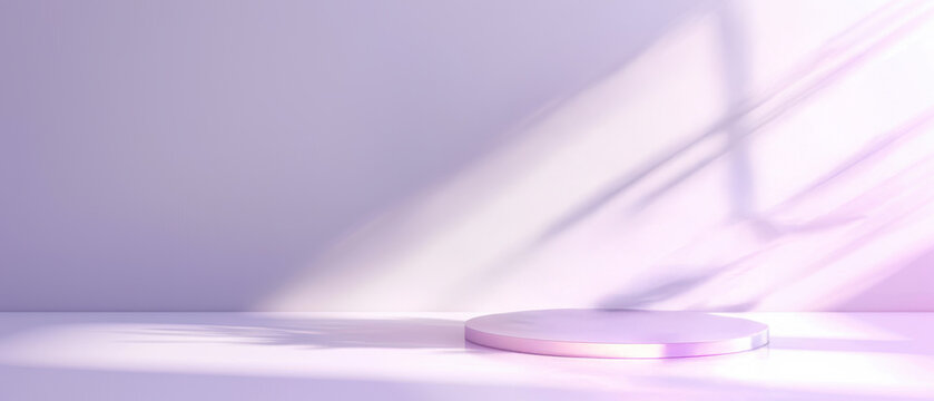 Elegant round podium bathed in soft purple light, with natural shadows creating a dreamy, minimalist ambiance. Perfect for luxury product display and branding