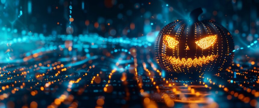 Cyberpunk jack-o'-lantern pumpkin with neon orange glow and binary code patterns. Futuristic digital atmosphere with blue and orange data streams