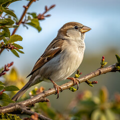 Single Sparrow Bird Perched on Branch in Natural Outdoor Setting