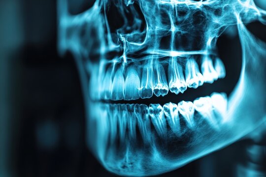 Film of the head showing the skull and teeth using radiography, a medical imaging technique, in a Hospital