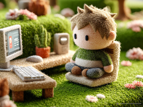 miniature scene with a plush toy sitting on a cozy chair in a lush green garden setting. The toy is wearing a green sweater and is positioned near a small desk with a computer monitor, keyboard