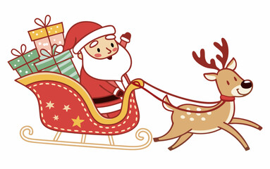 Santa Claus on Christmas Sleigh Pulled by Reindeer - Festive Holiday Vector Illustration