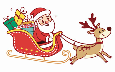Santa Claus on Christmas Sleigh Pulled by Reindeer - Festive Holiday Vector Illustration
