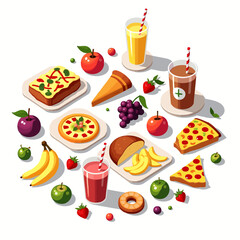  Fun isometric breakfast food illustration with fruits, pizza, drinks, and snacks scattered on white background.